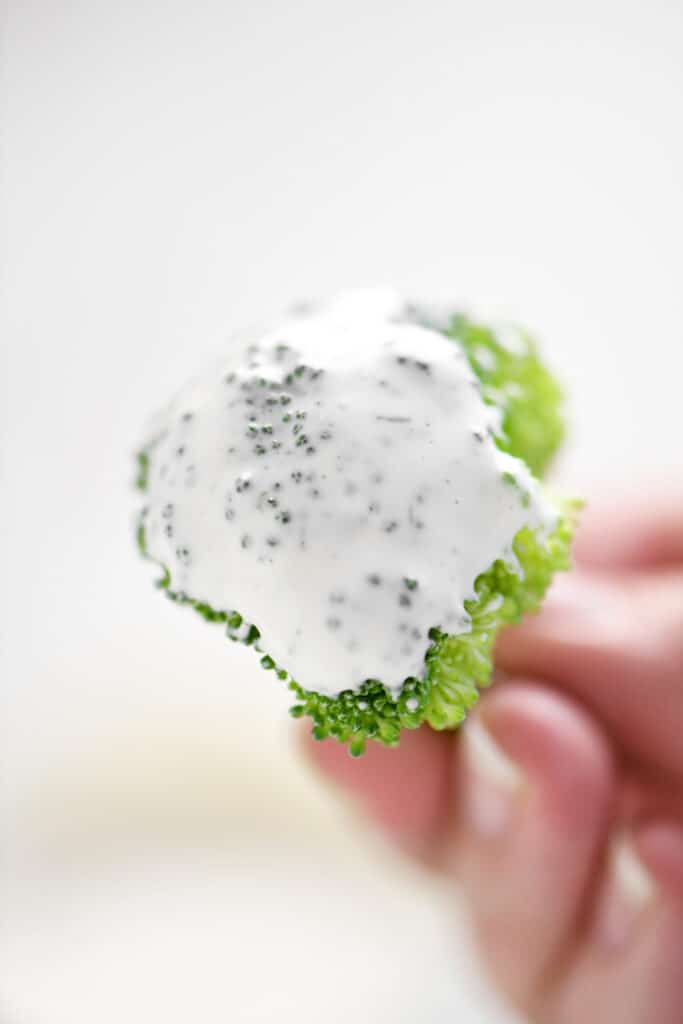 broccoli dipped in homemade ranch dressing