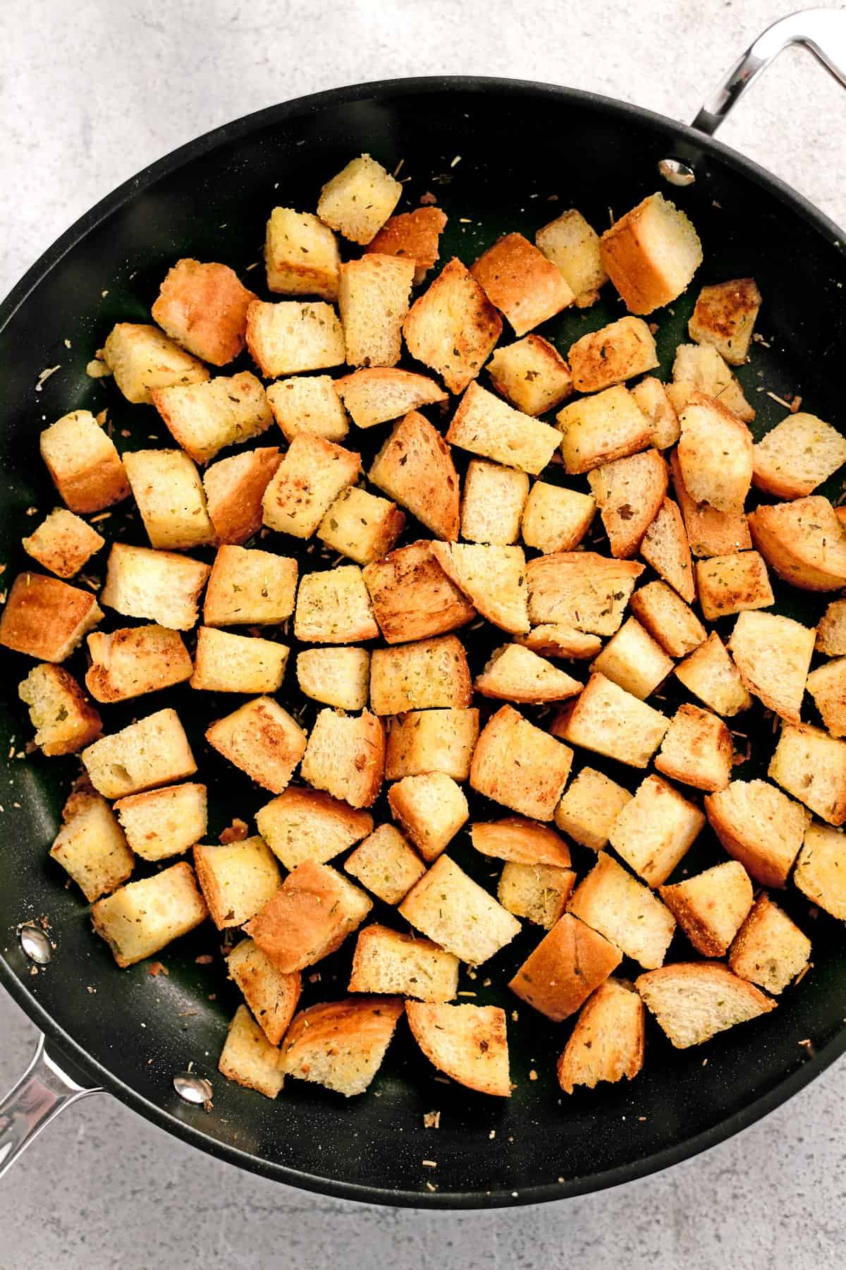 cooked croutons in a frying pan