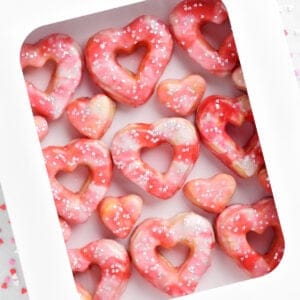 pink swirled valentines day donuts in a box