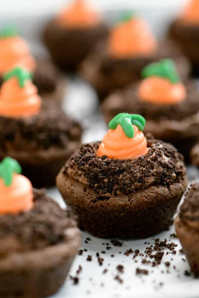 chocolate carrot patch cookie cups on a tray
