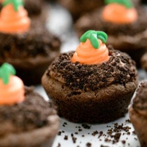 a chocolate cookie cup with an edible carrot sticking out the top