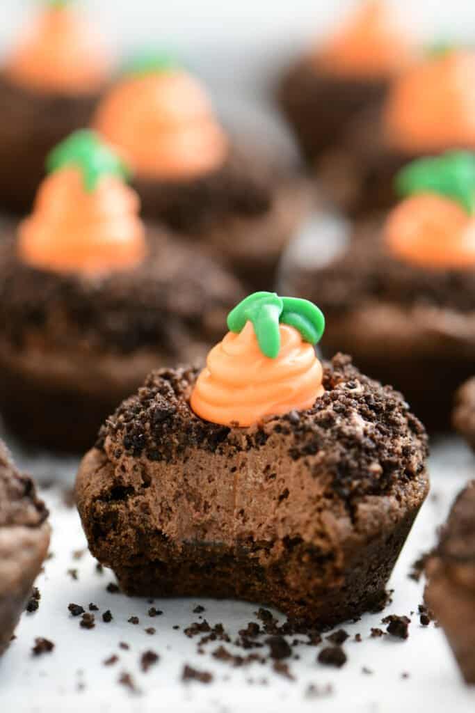 a carrot patch cookie cup with a bite out of it