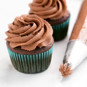 chocolate buttercream frosting on a cupcake and in a piping bag