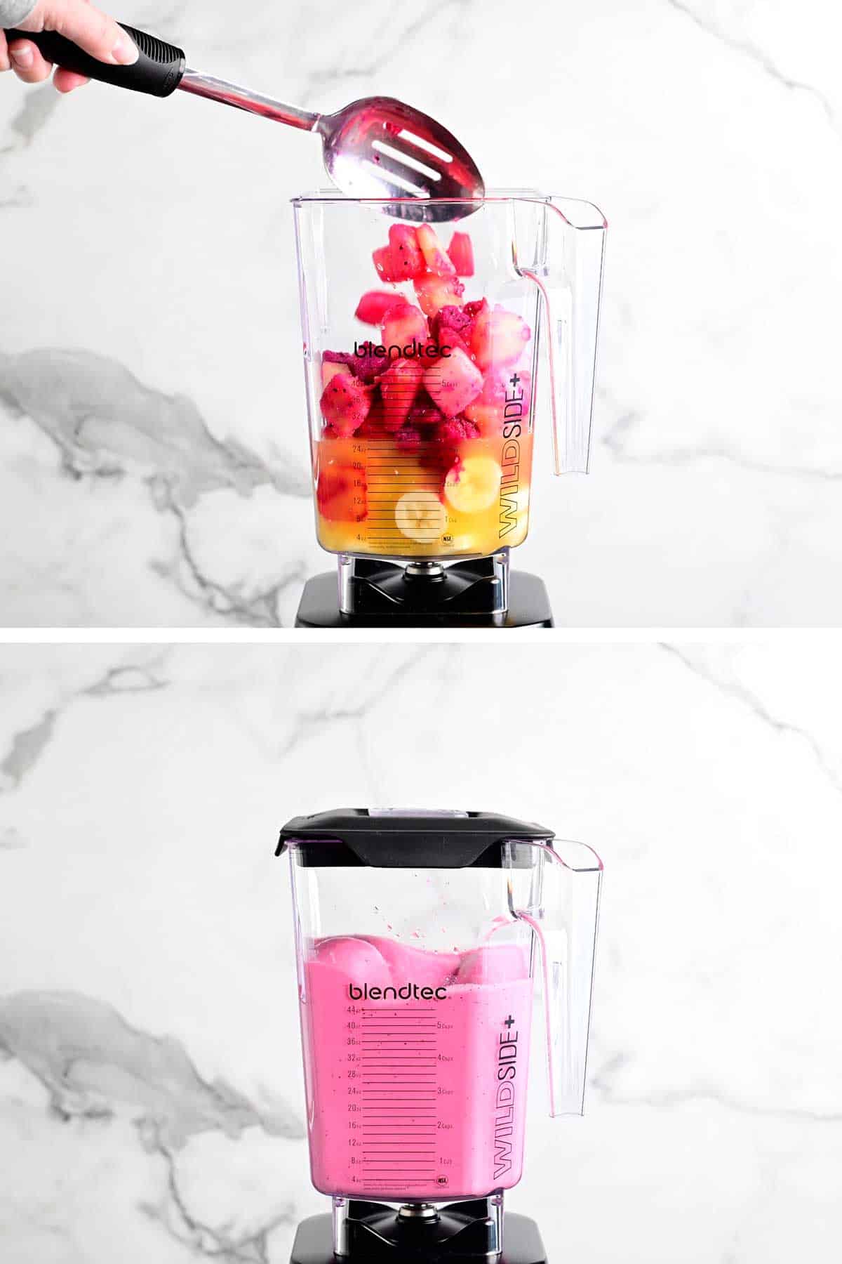 Step showing how to make a tropical smoothie.