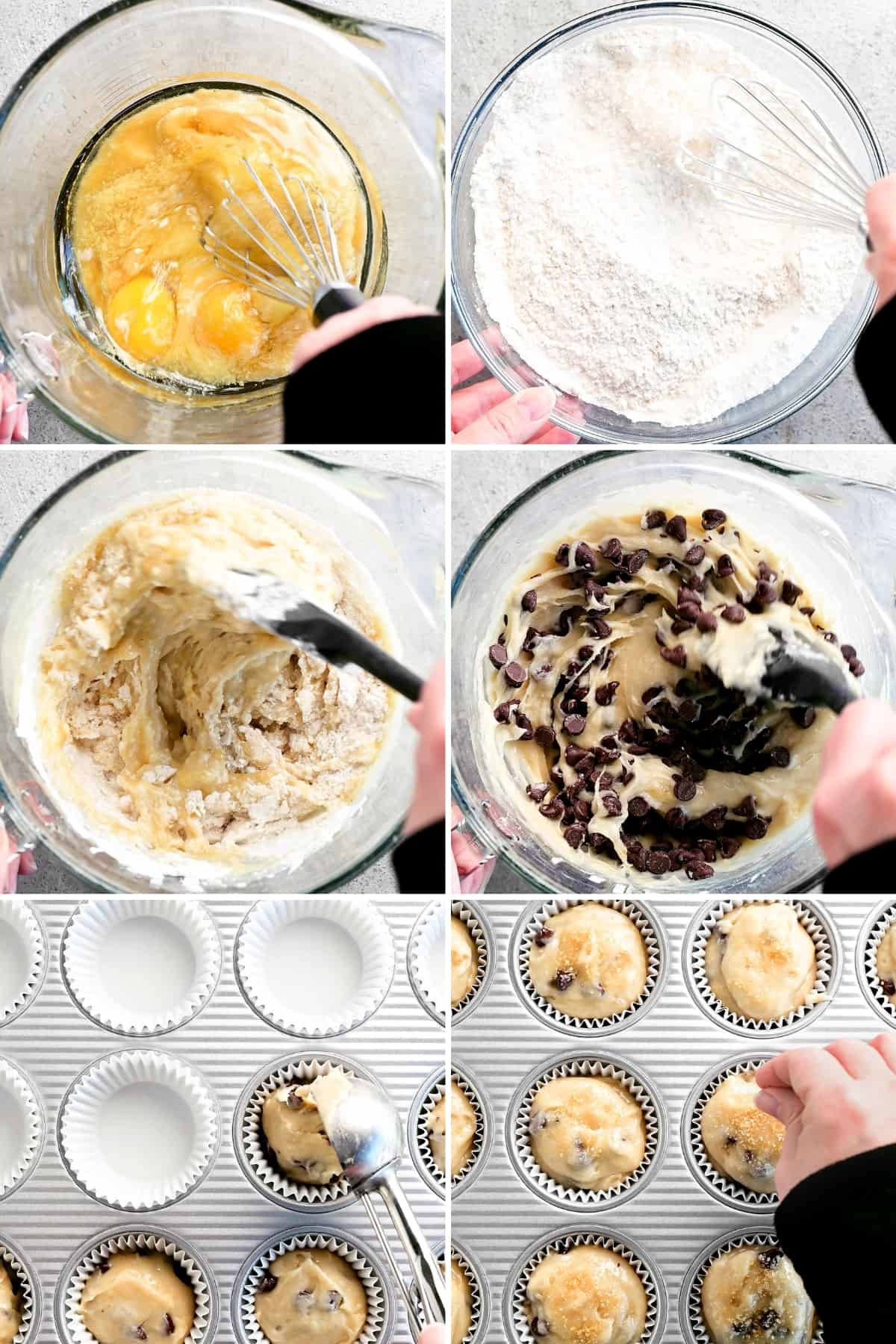 Collage showing how to make banana muffins.