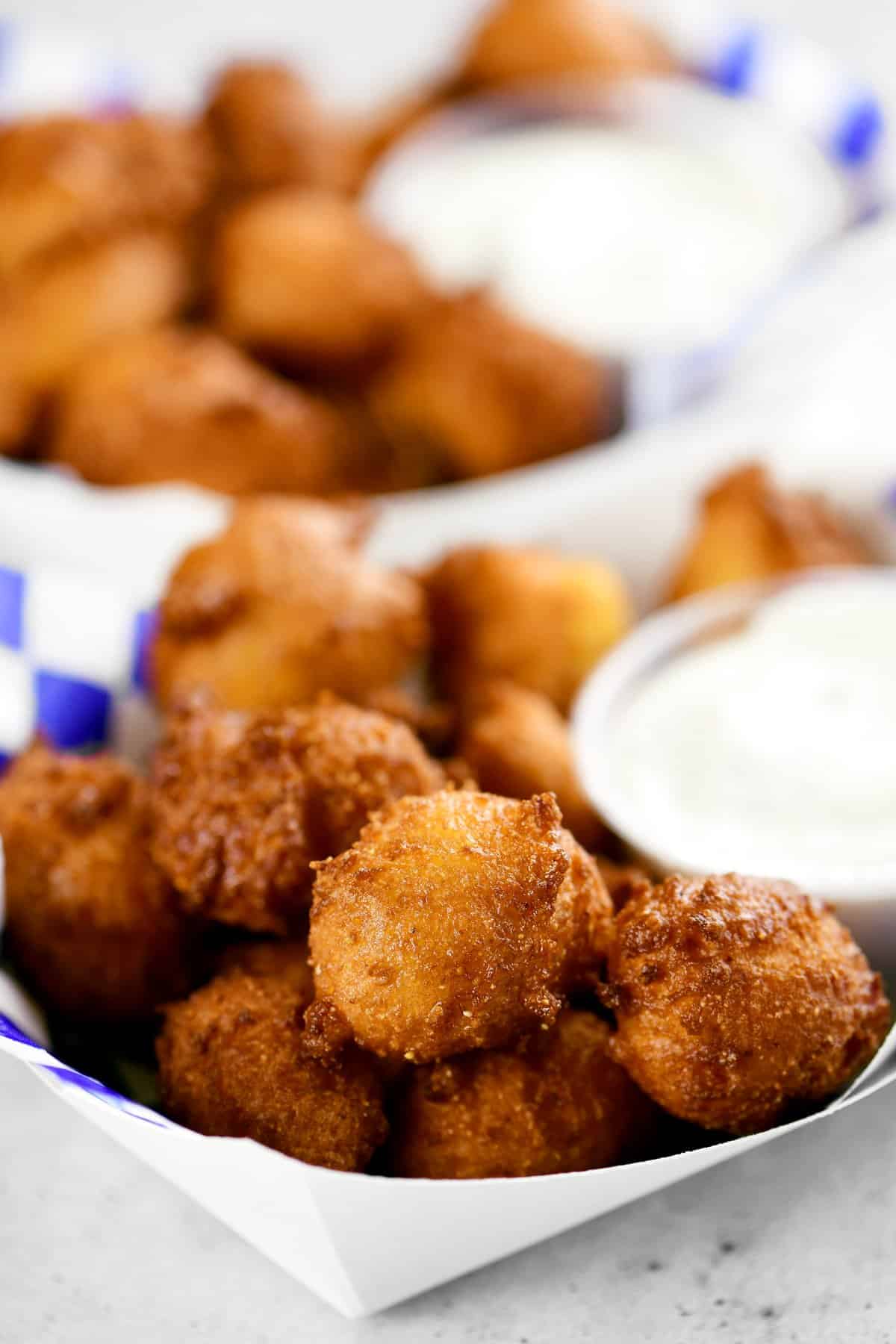 hush puppies and dip in a paper tray