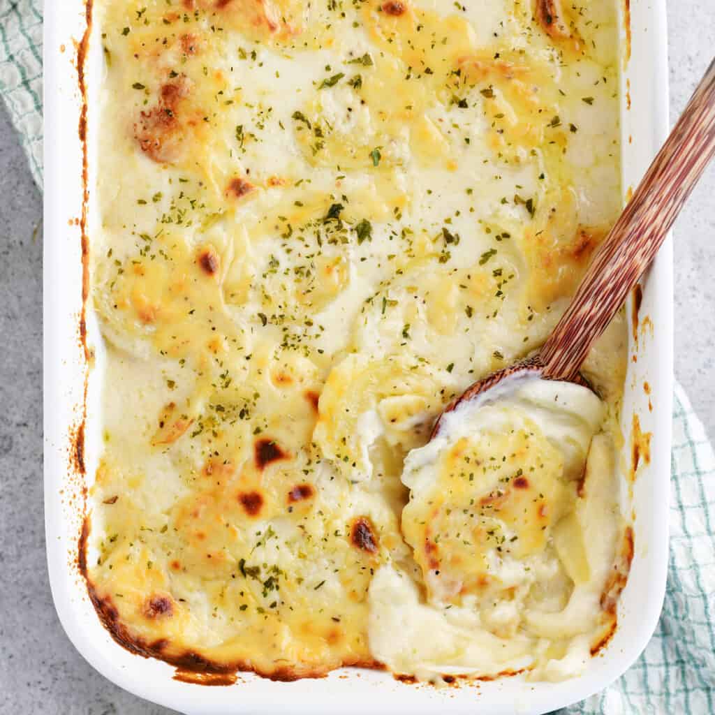 scalloped potatoes on a wooden spoon