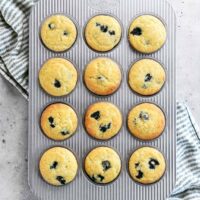 twelve blueberry muffins in a pan