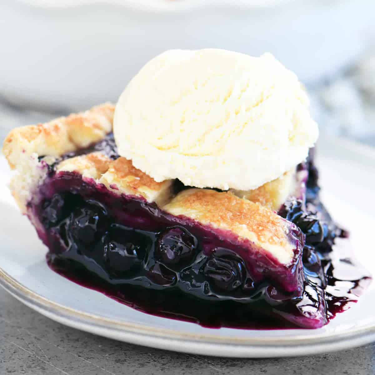 slice of blueberry pie with ice cream on top.