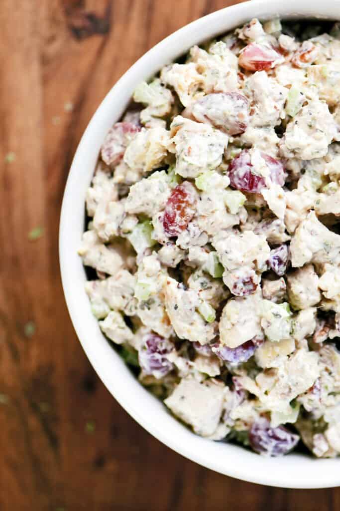 chicken salad with grapes in a bowl.