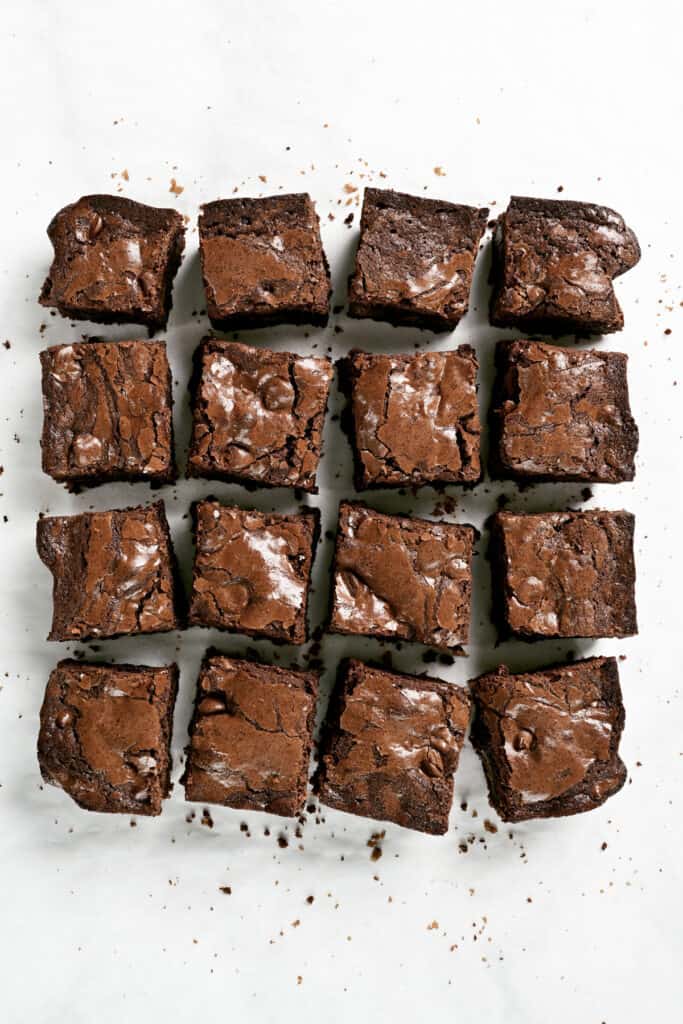 cut brownies on a table.