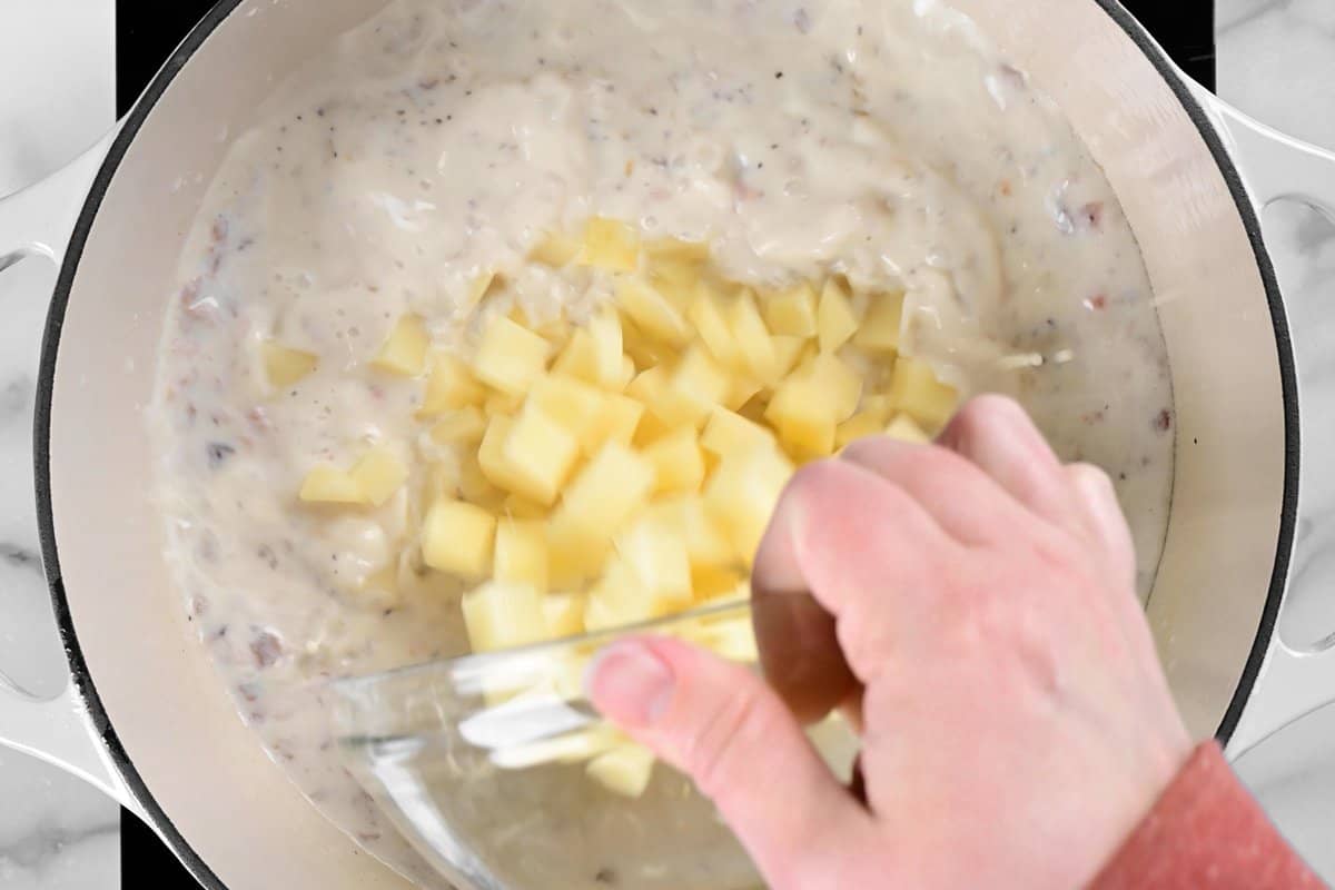 adding potatoes to the chowder.