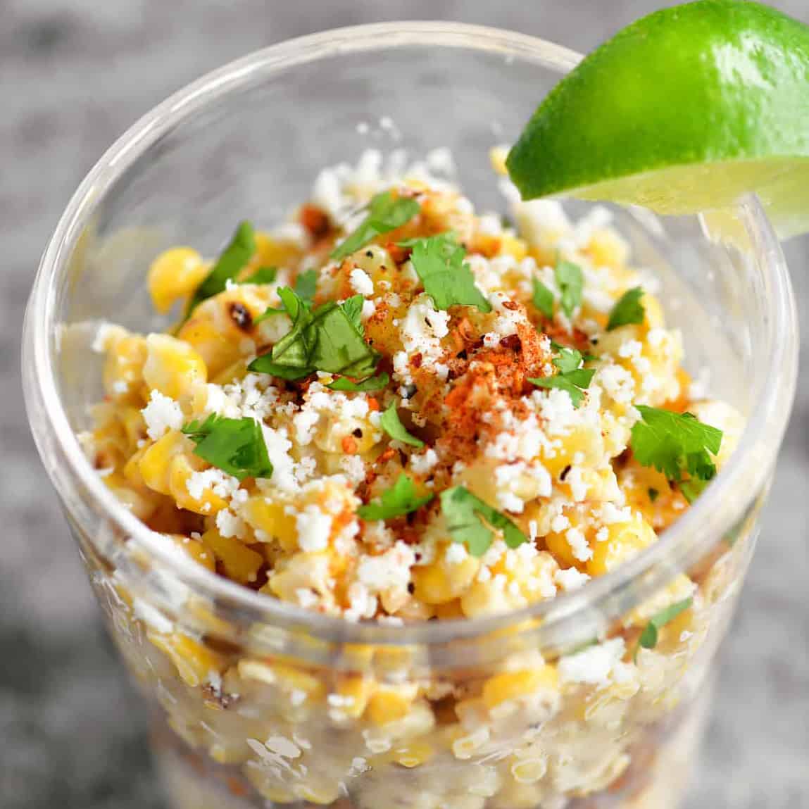 Mexican street corn in a cup.