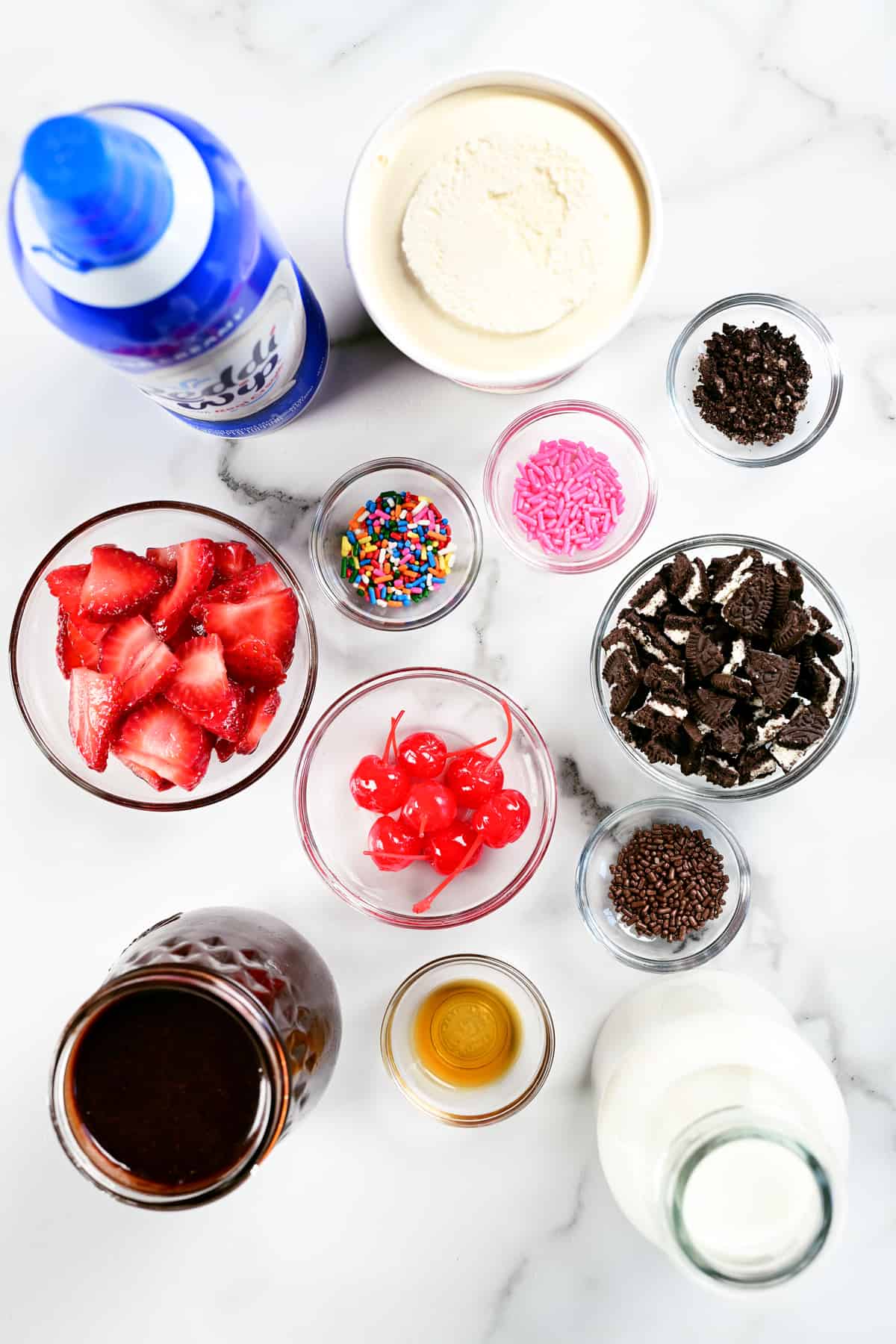 shake ingredients laid out on a counter top.