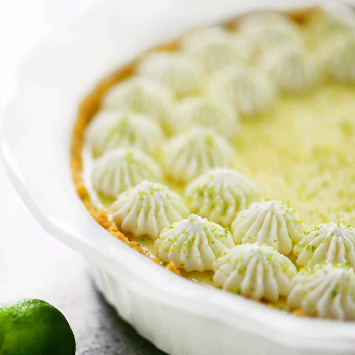 key lime pie with whipped cream on top in a white pie dish.