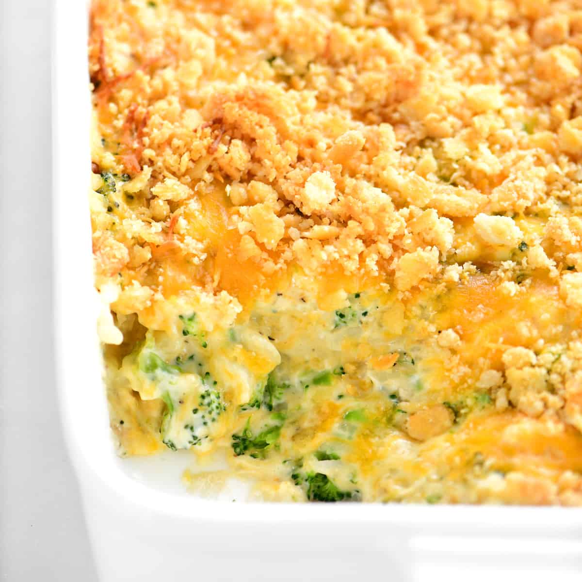 chicken broccoli rice casserole with a spoonful removed.