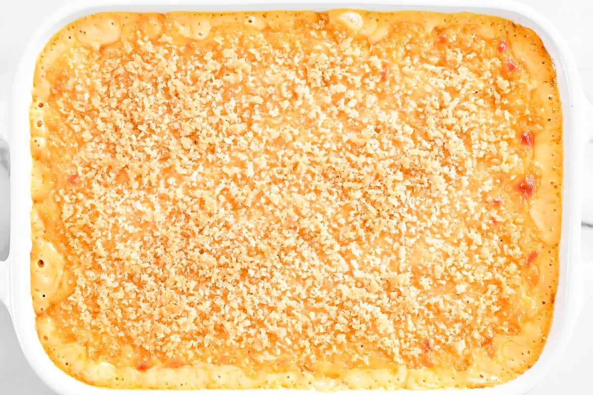 a baked macaroni and cheese casserole in a dish