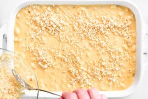 a hand adding breadcrumbs to the cheese and noodles in a dish before baking.