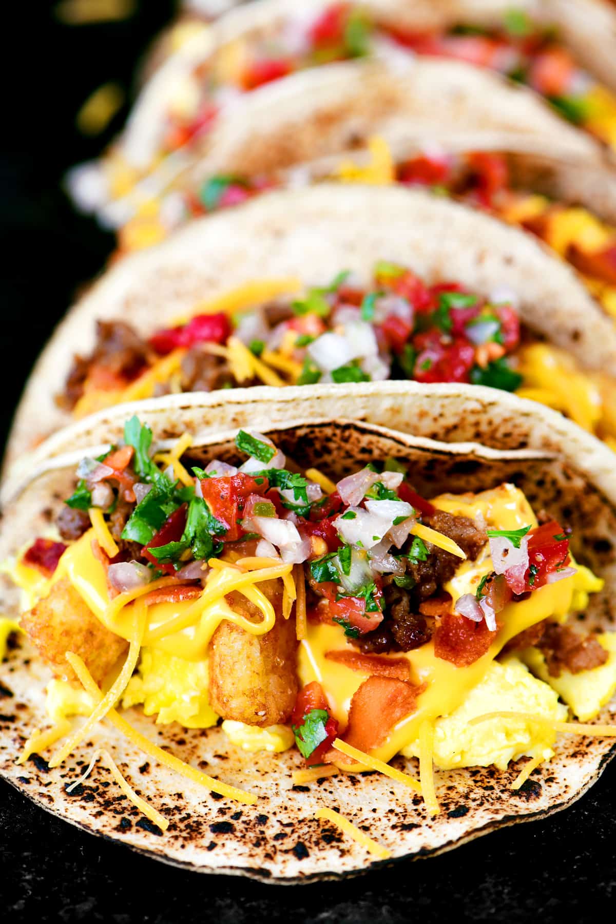 a close up view of a breakfast taco.