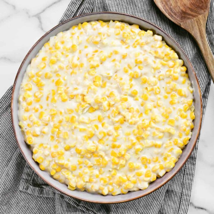 a bowl with cream corn inside.