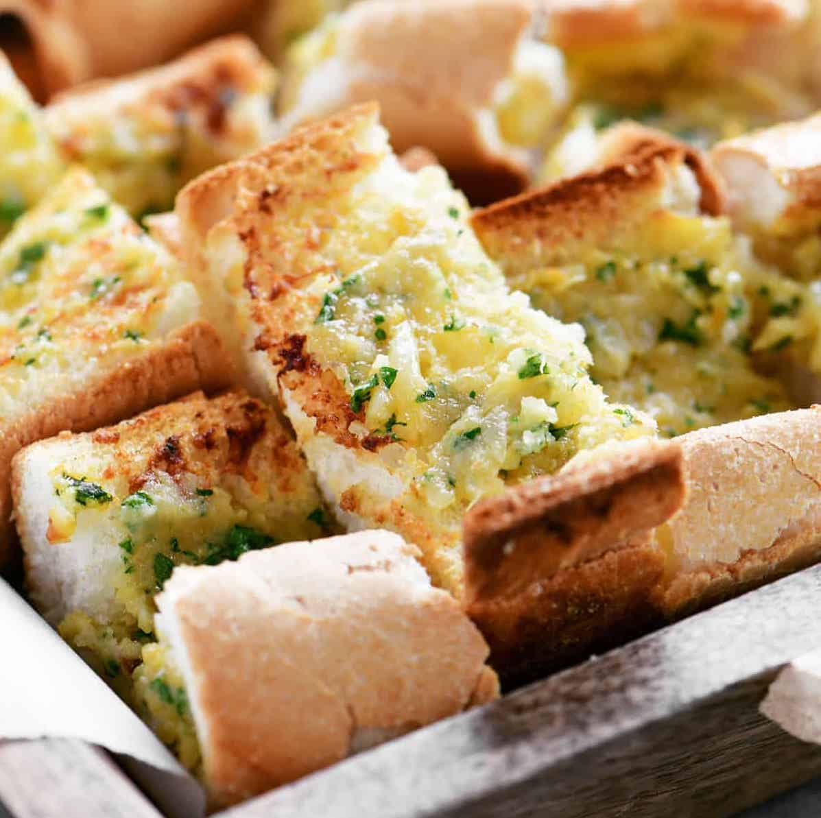 garlic bread in a tray.