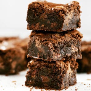 fudgy brownies in a stack.