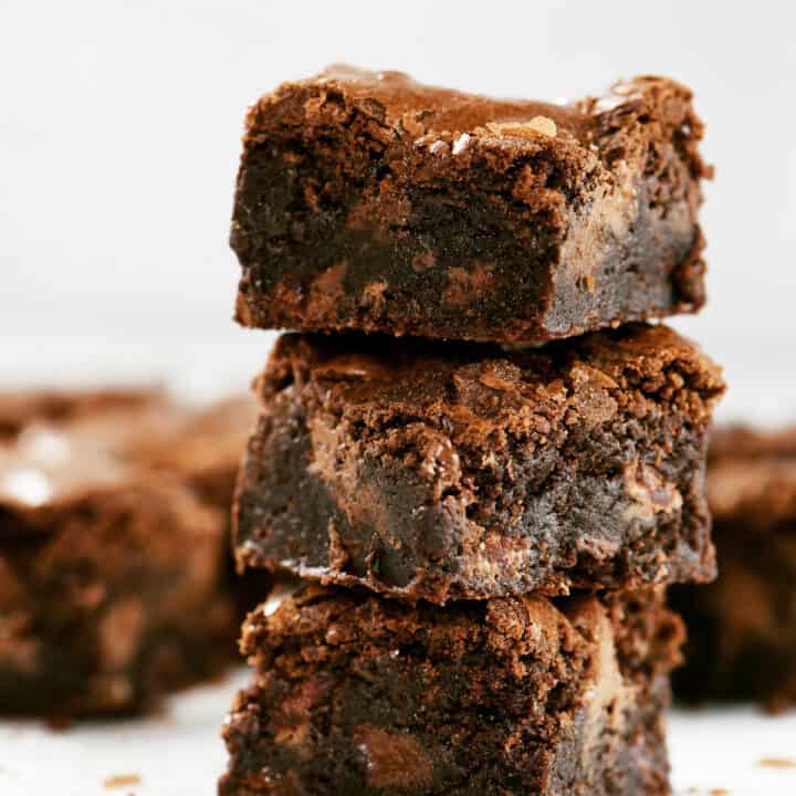fudgy brownies in a stack.