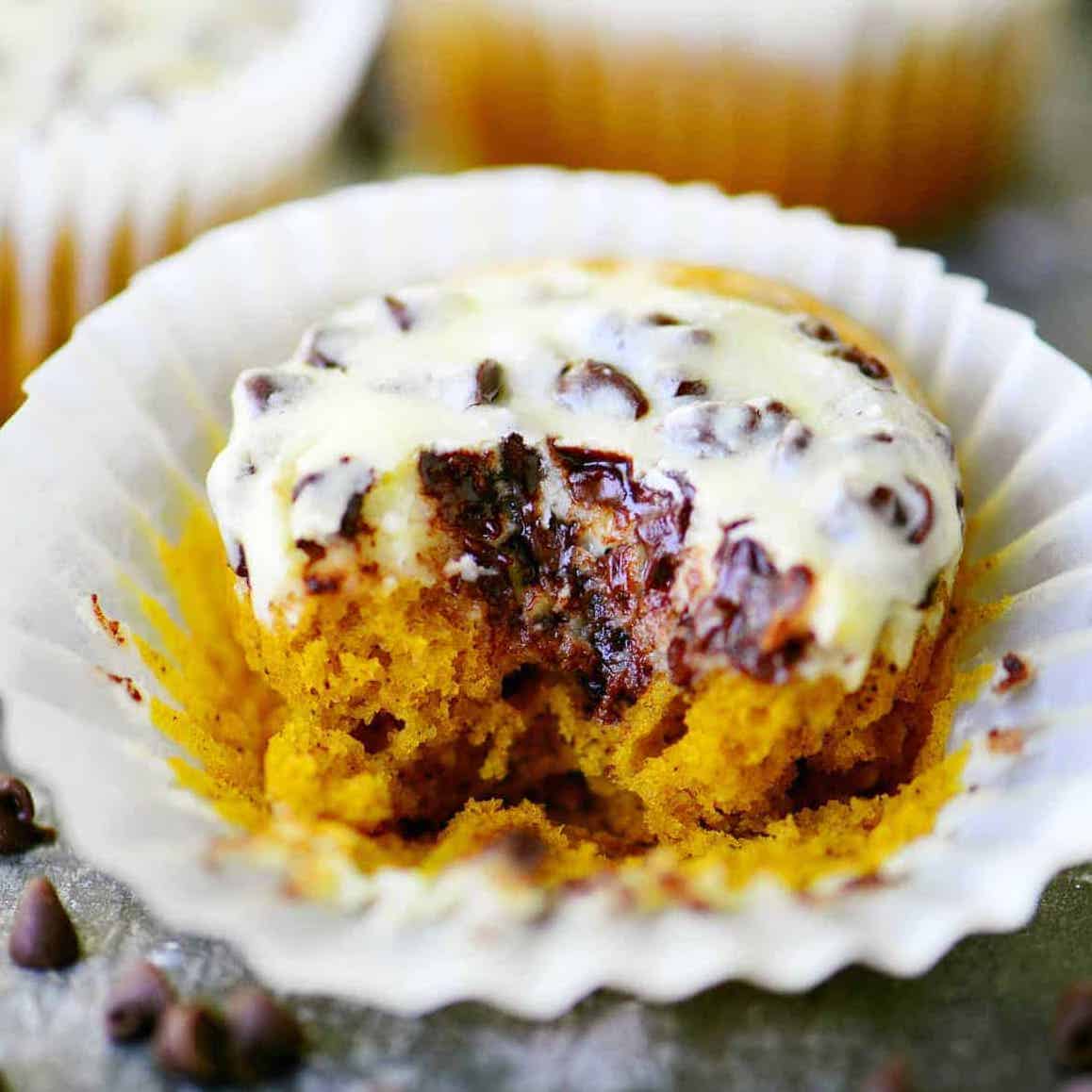 pumpkin cream cheese muffins with chocolate chips.