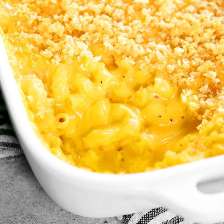 baked mac and cheese in a white casserole dish.