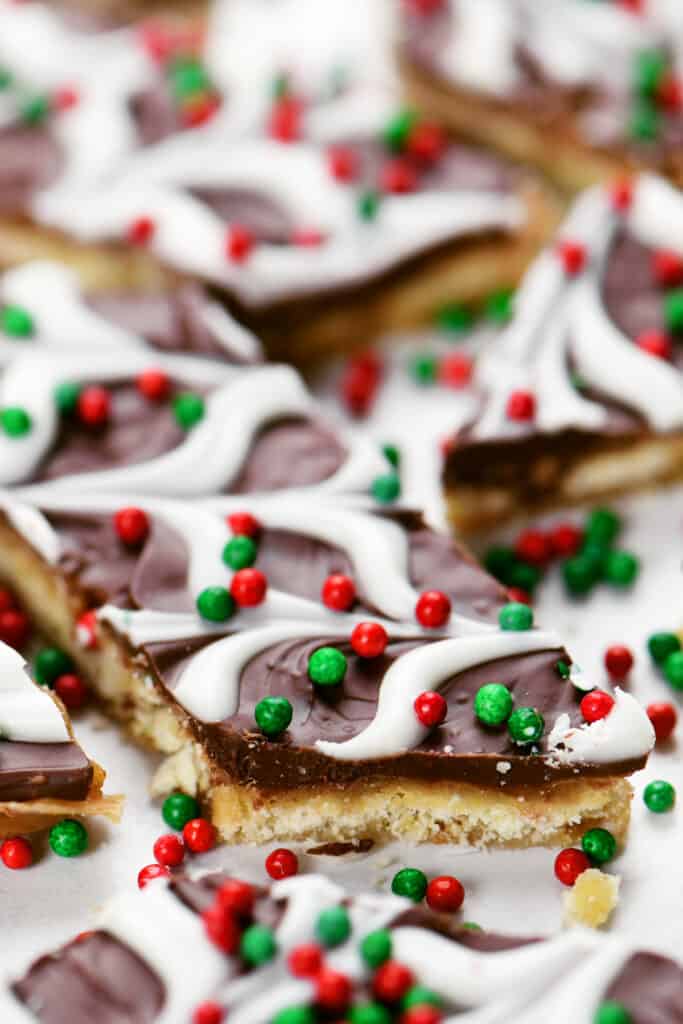 side view of christmas crack toffee bark.