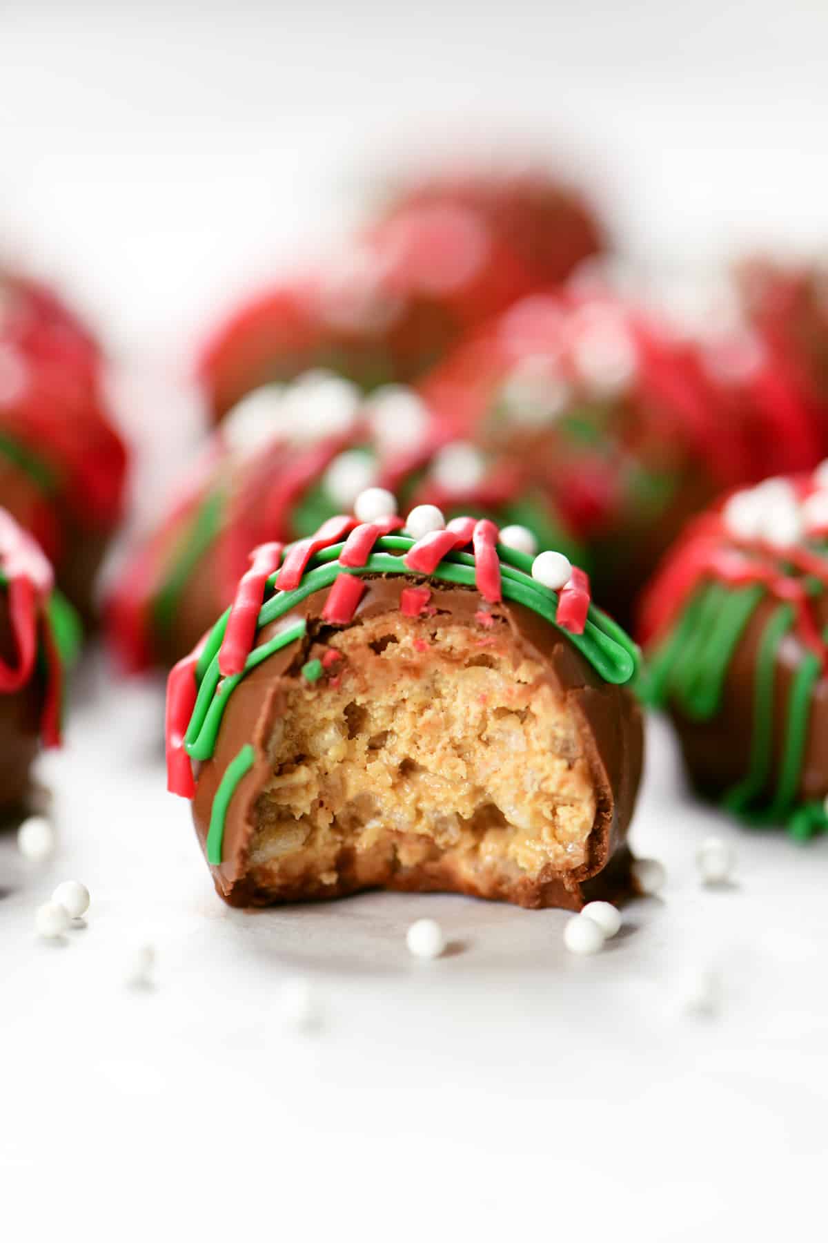 no bake peanut butter ball with a bite removed.