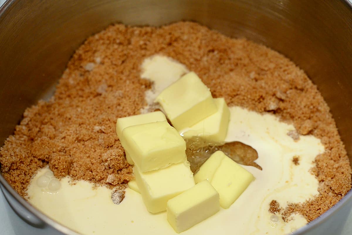 sugar, butter, and heavy cream in a pot.