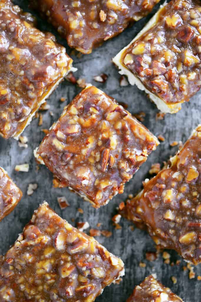 top down view of pecan pie cheesecake slices.