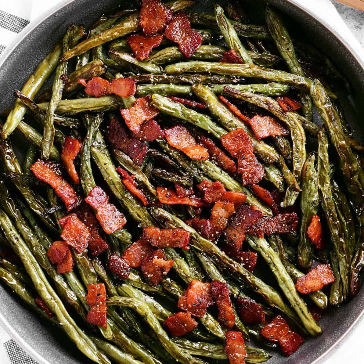 roasted green beans with bacon bits.
