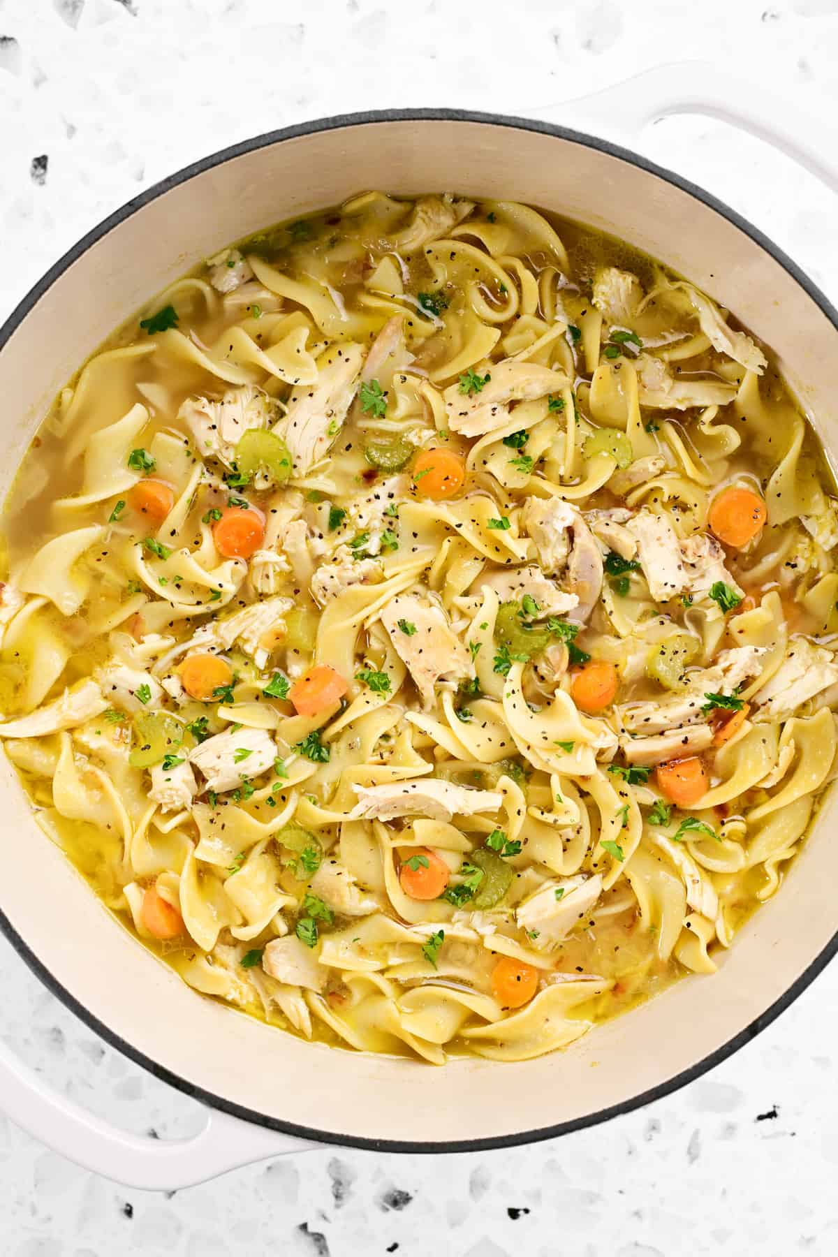 chicken noodle soup in a white pot.