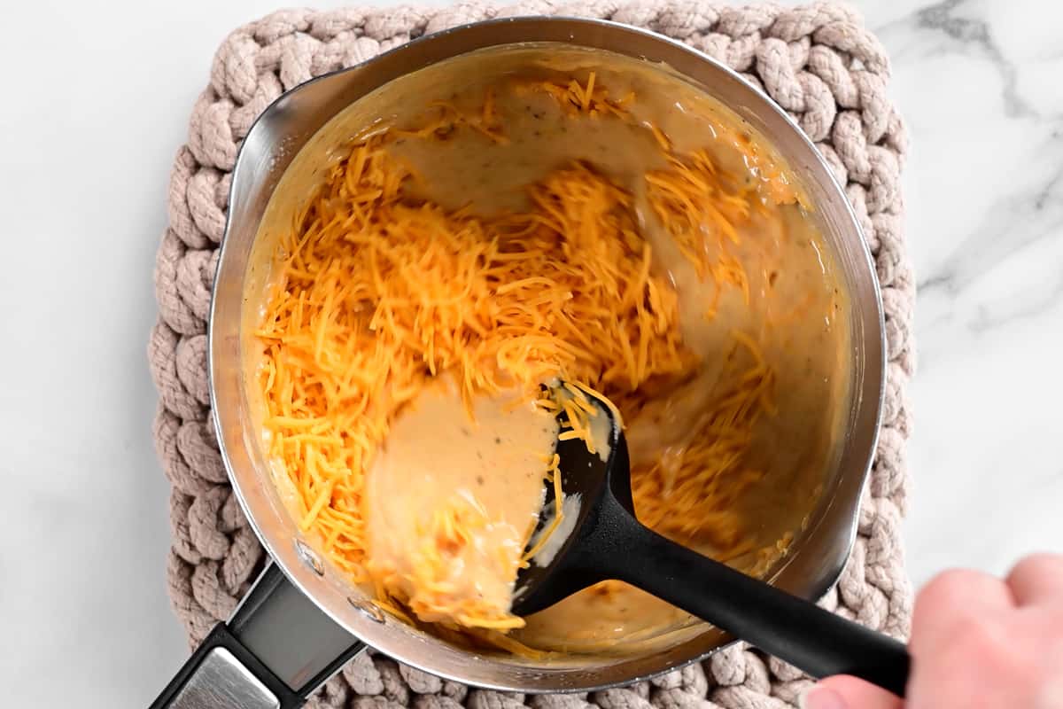 stir shredded cheddar cheese into sauce.