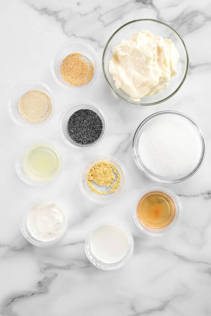 ingredients in bowls on a marble countertop.