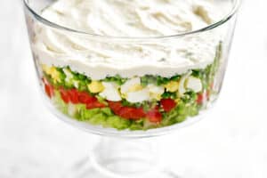 layers of salad in a glass dish.