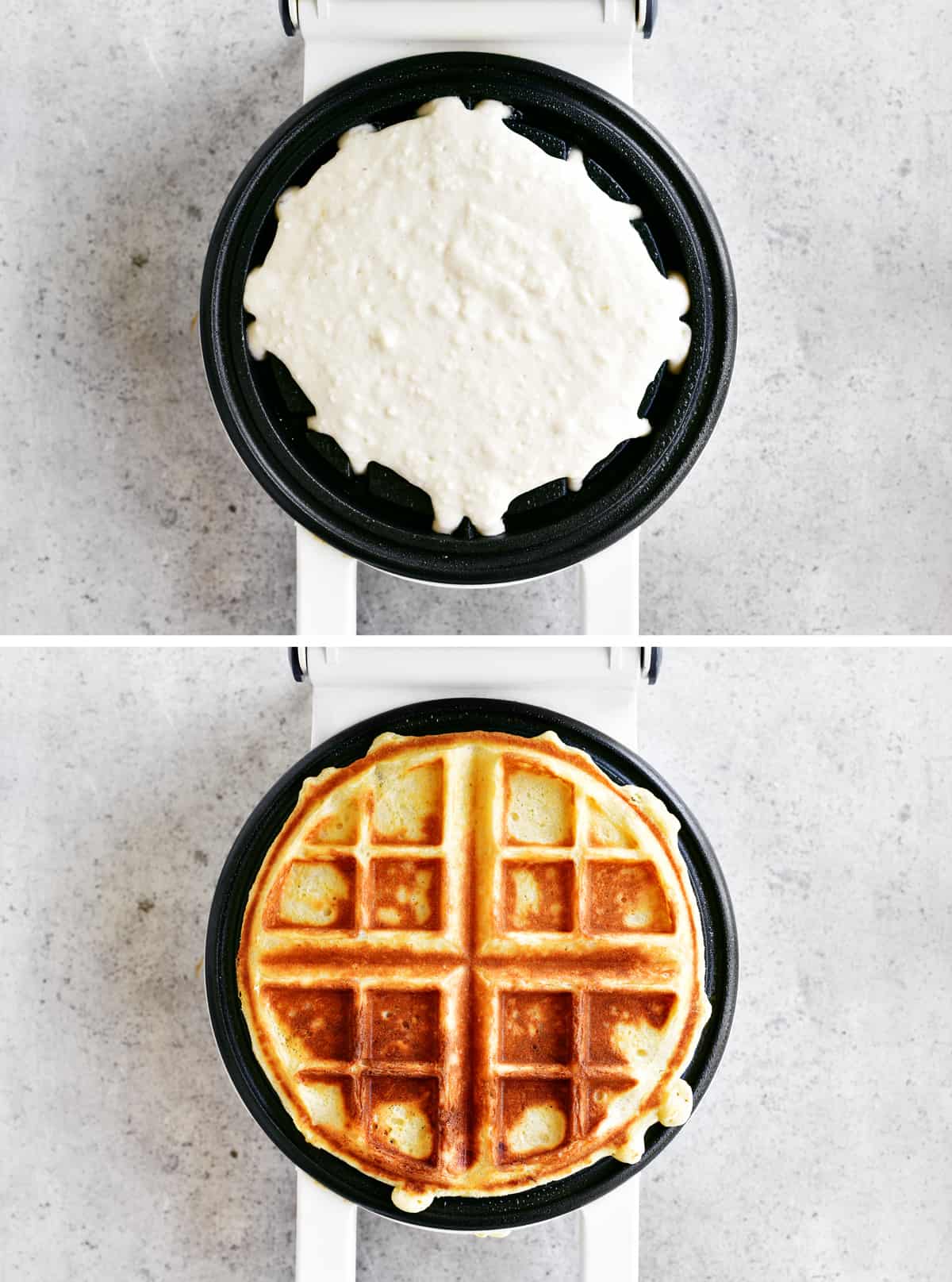 two images showing bisquick waffles cooking.