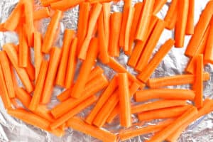 Carrot sticks on a pan.