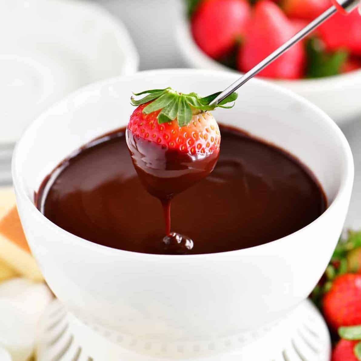 strawberry dipped in chocolate fondue.
