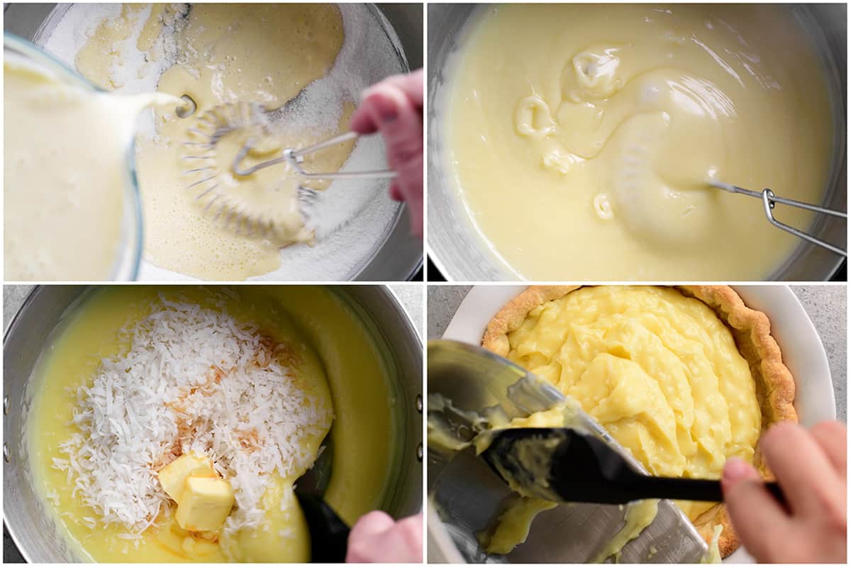 Steps for making the creamy pudding to use as the filling.