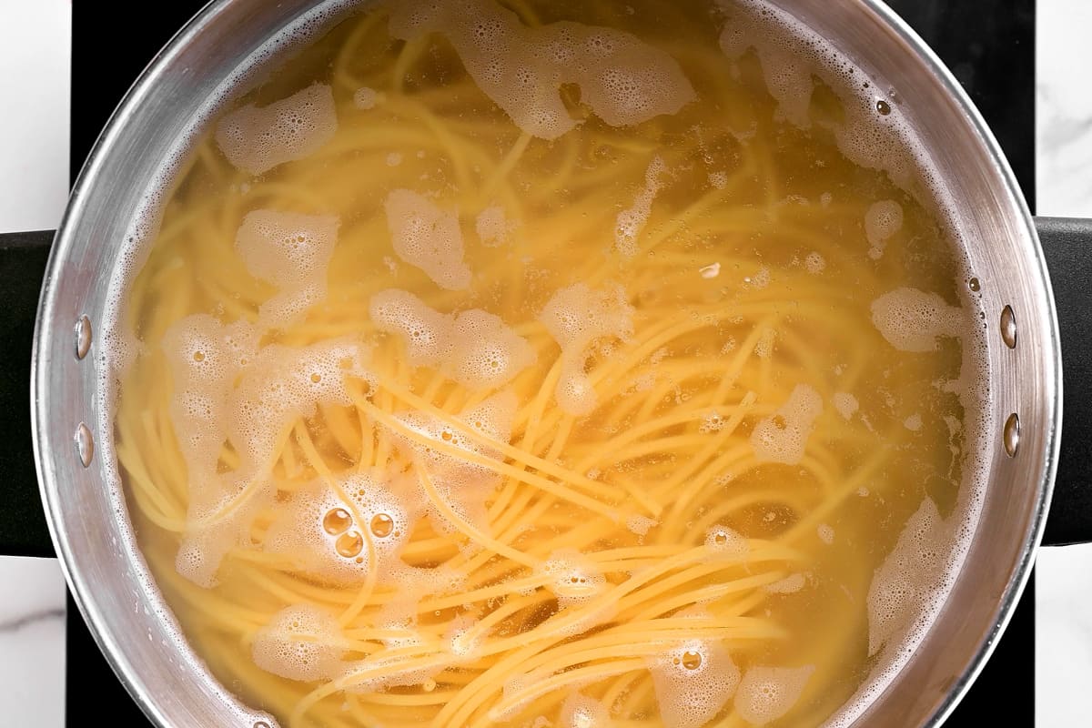 Noodles in boiling water.