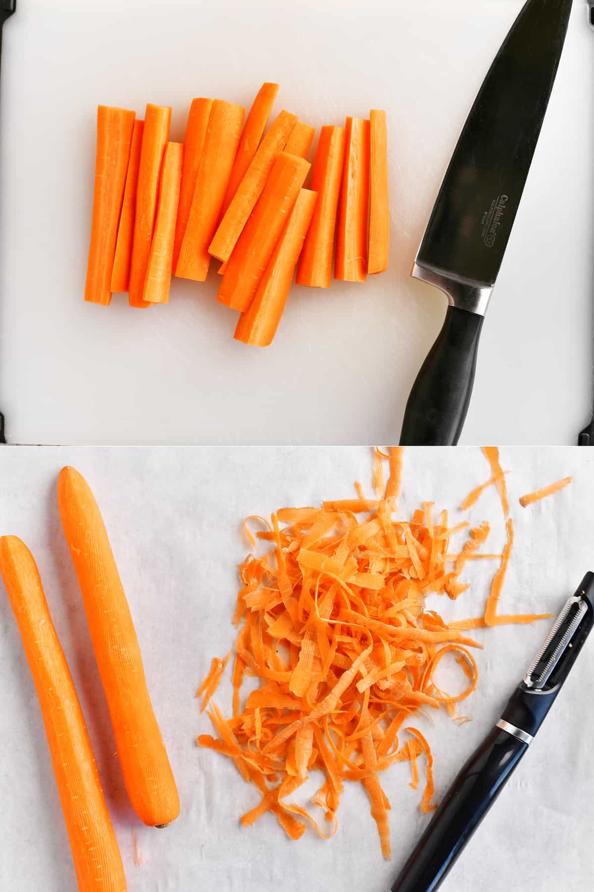 showing how to peel and cut carrots.