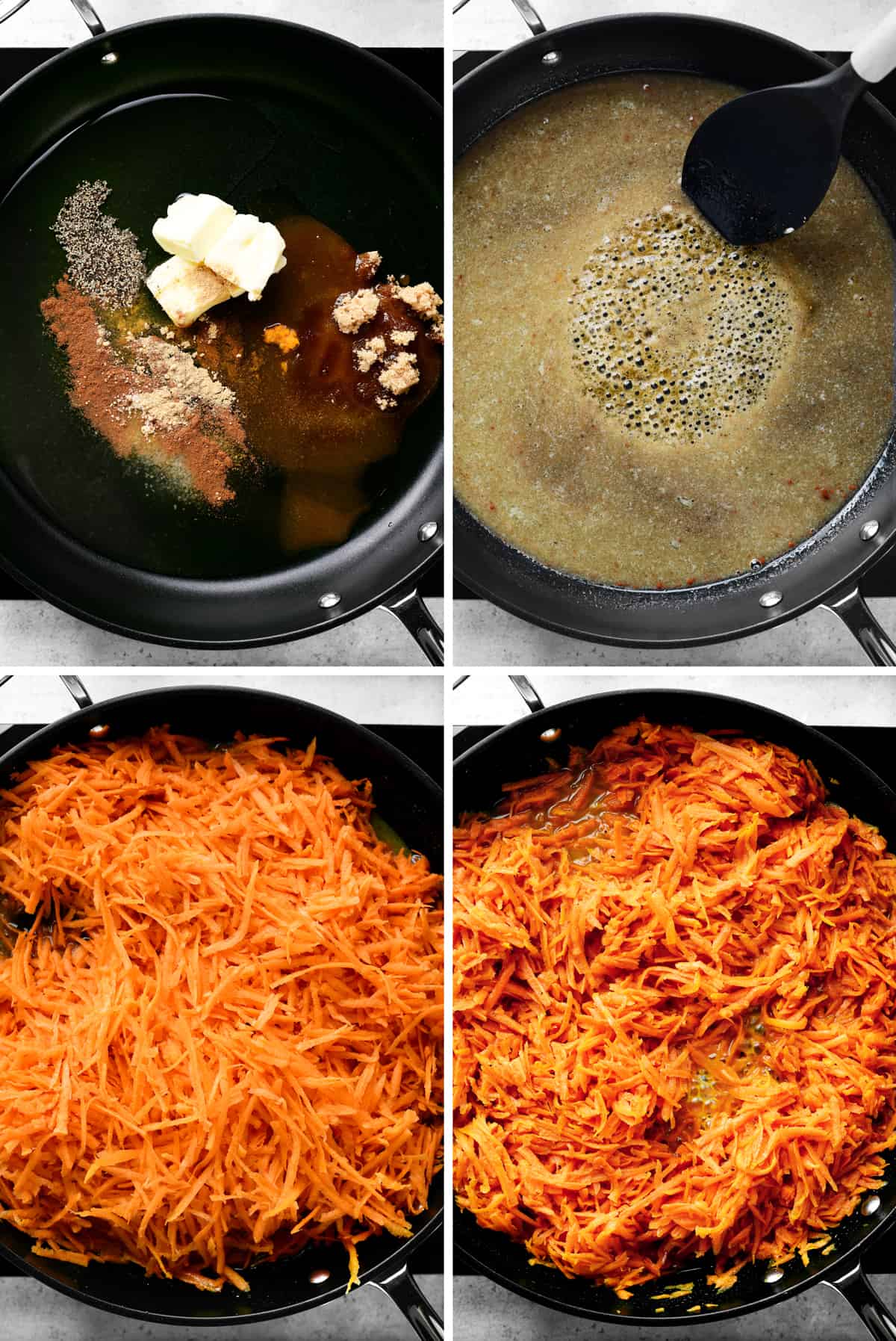 Collage showing steps to making brown sugar glazed shredded carrots.