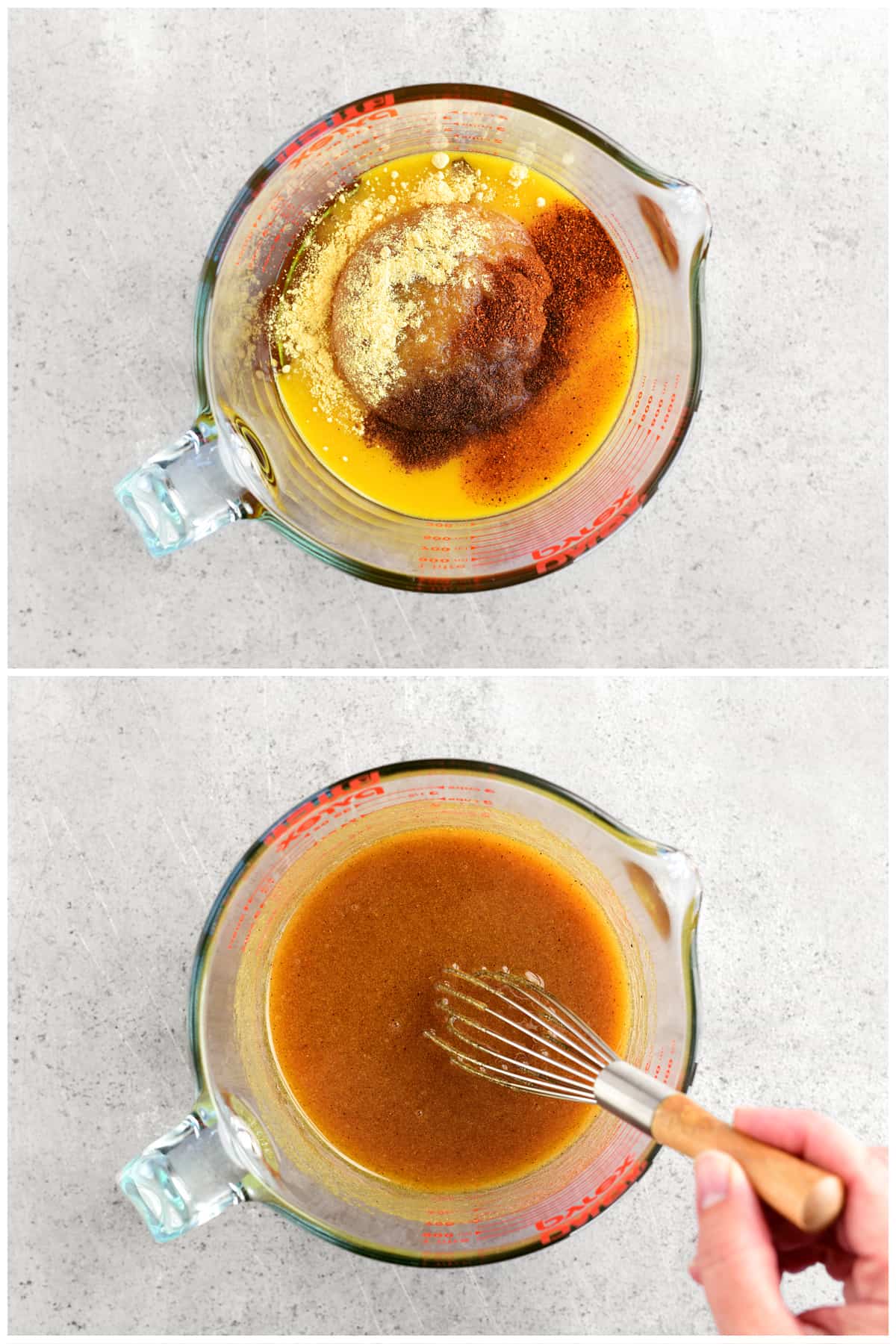 A collage of two images showing how to make the ham glaze recipe.