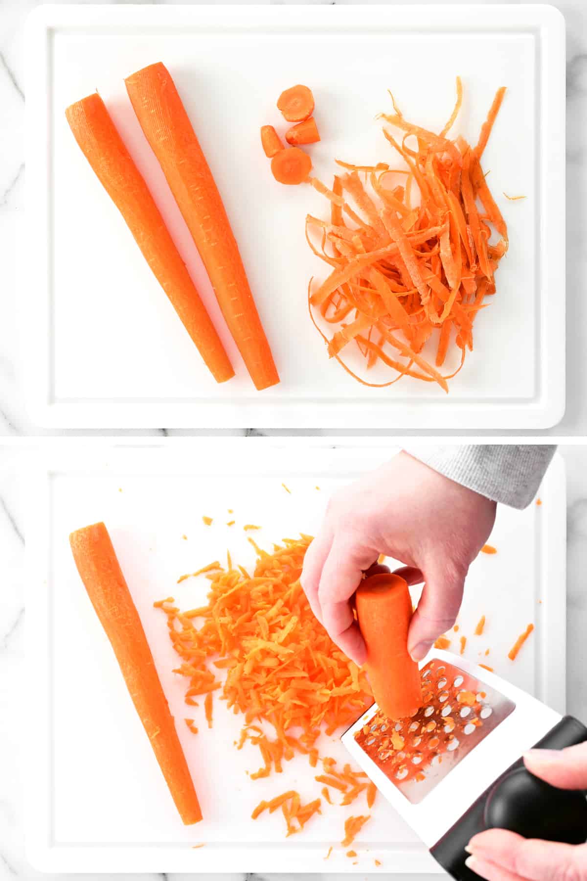 Collage showing how to shred carrots.