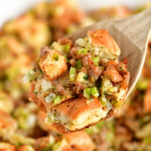 Stuffing on a wooden spoon.