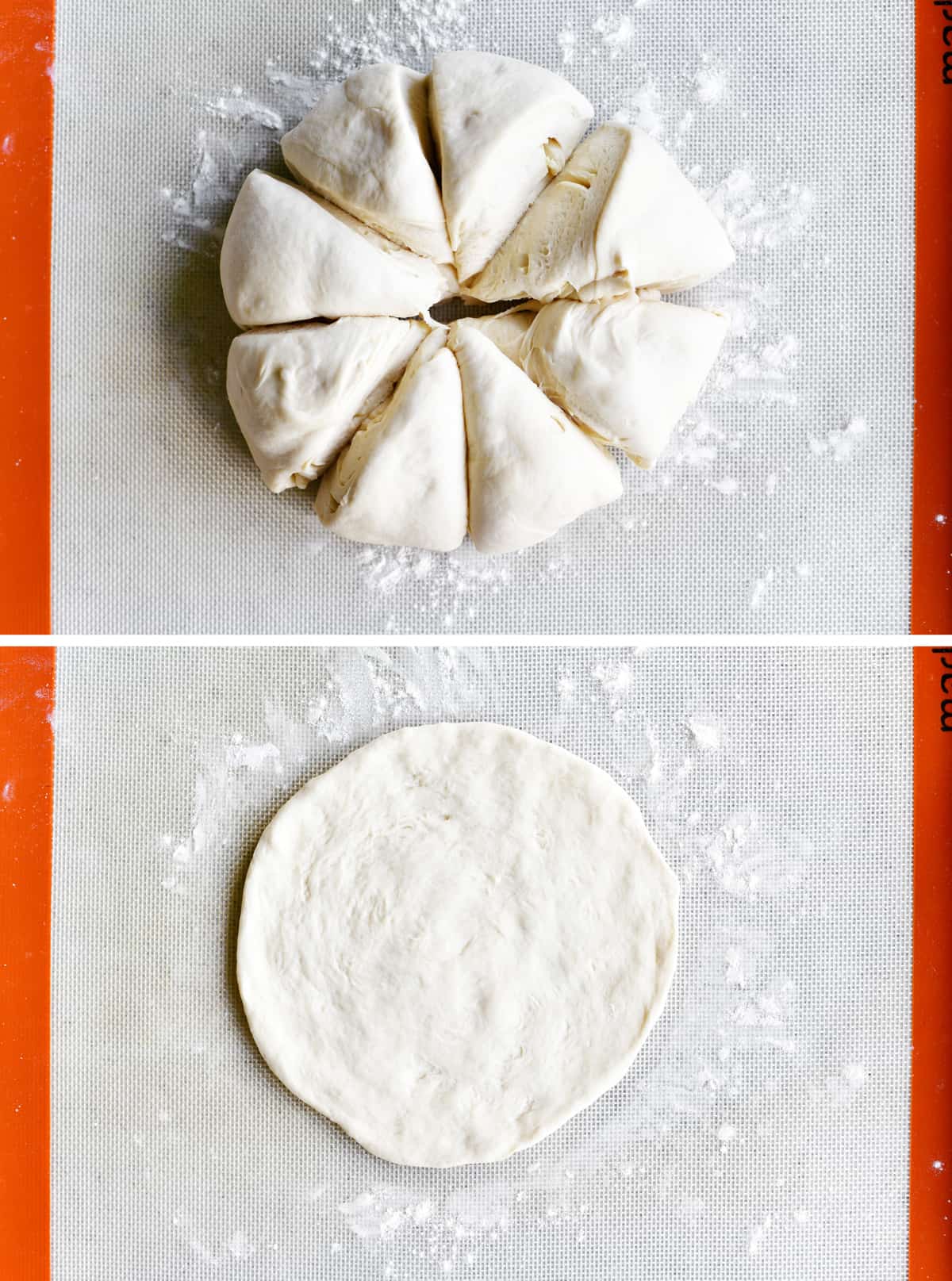 Collage showing grilled pizza dough prep.