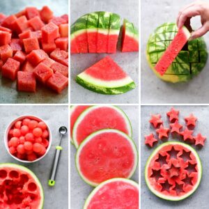Collage showing six methods of how to cut a watermelon.